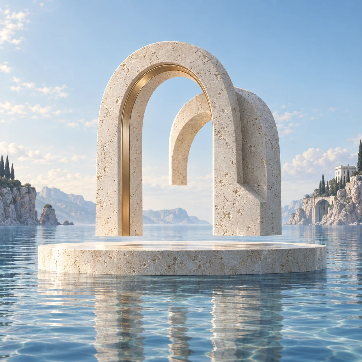 An ivory stone arch with a fine gold inlay, suspended above a plinth in blue water